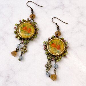 Handmade Artisan Resin Cabochon Beaded Dangle Earrings | Boho Floral Statement